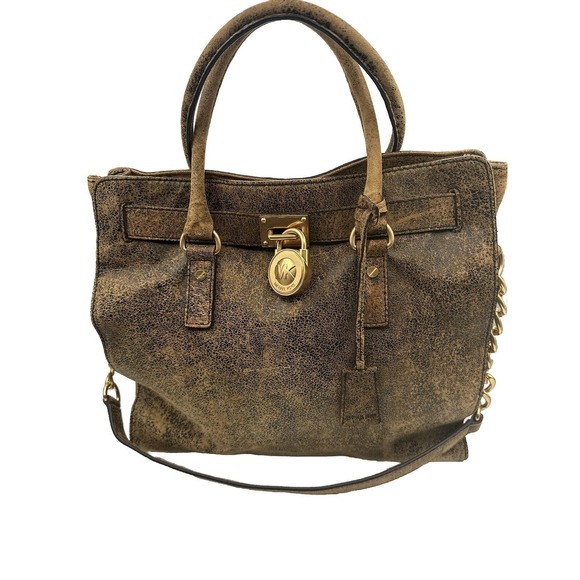 Michael Kors Mott Satchel Shoulder Bag Gold Brown Distressed Chain Vintage 21-01 - Picture 1 of 16